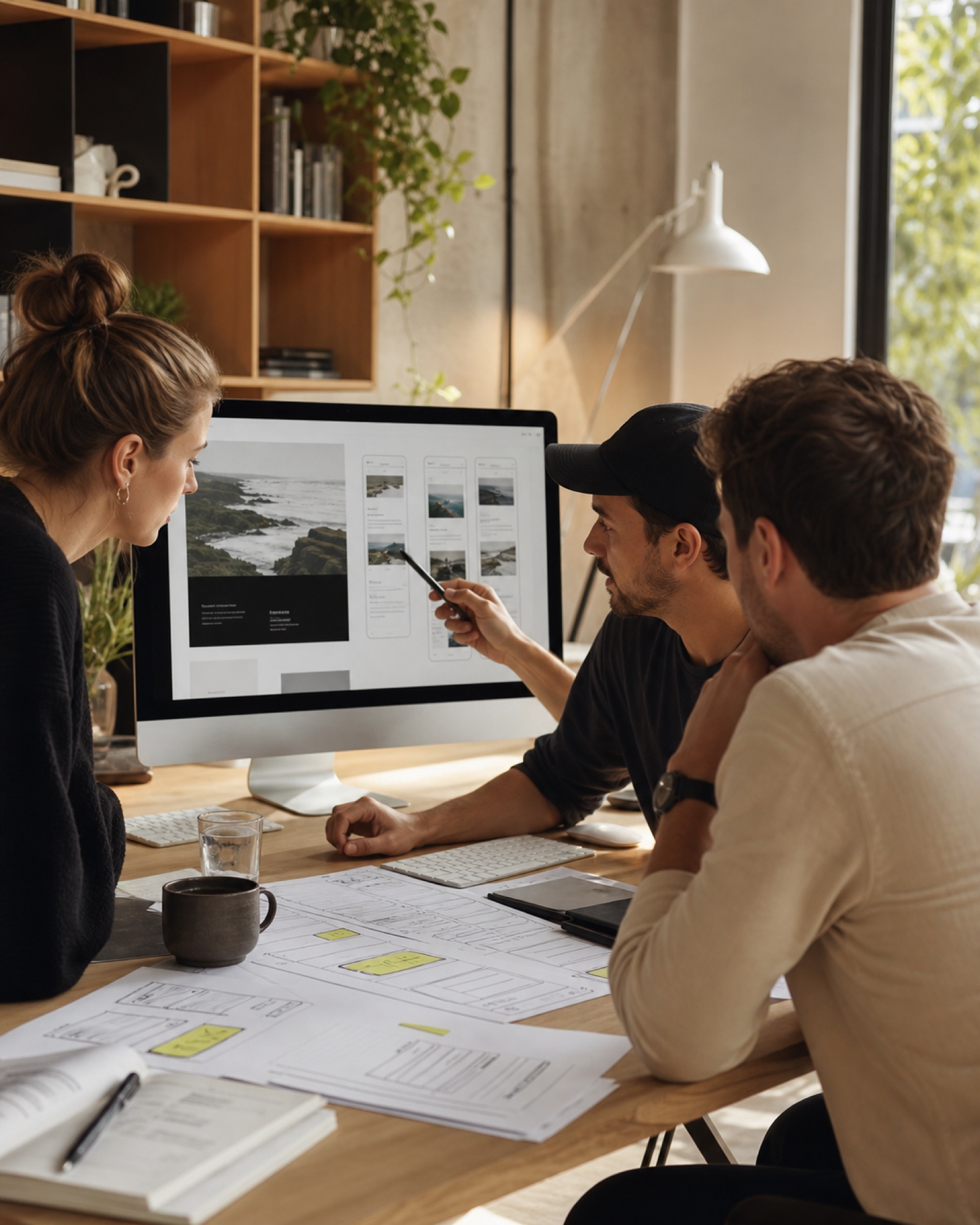 Three-person web design and development team reviewing a responsive website in their studio
